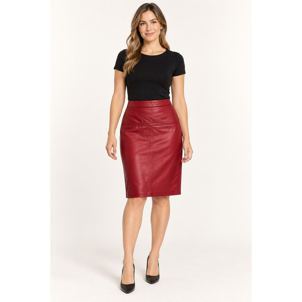 Avanti Vintage Red Leather Pencil Skirt High Waisted Pleated Midi Size 10 Korea
